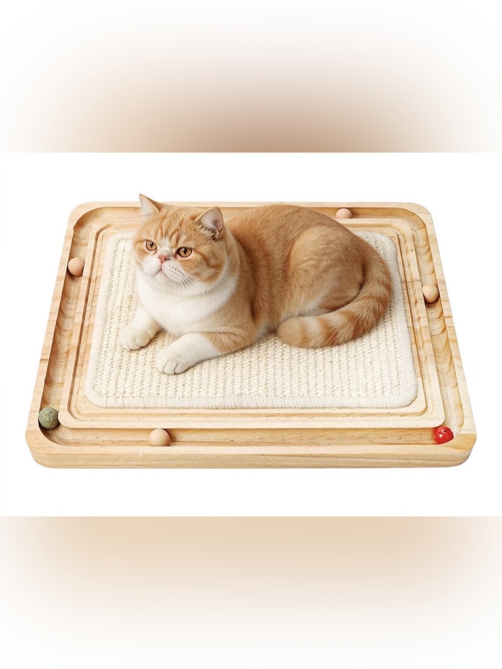 3-in-1 Cat Scratcher, Sisal Pad with Ball Track, Natural Wood